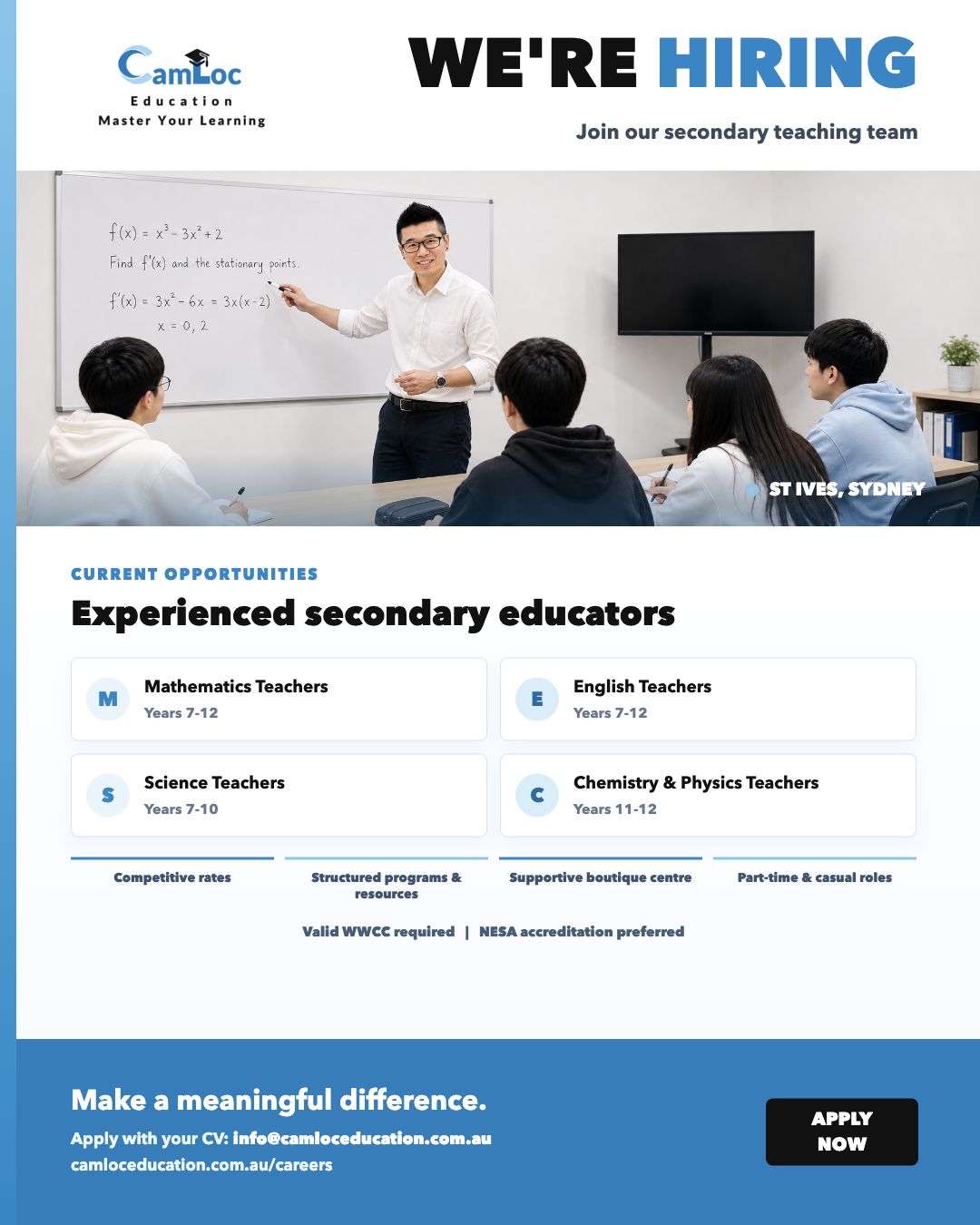 CamLoc Education is hiring secondary Mathematics, English, Science, Chemistry and Physics teachers in St Ives